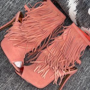 Fringed high heeled booties. Blush Pink, size 10.